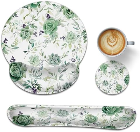 Wrist Rest Support for Mouse Pad Keyboard Set, Succulent Plants Mouse Pad with Non Slip Rubber Base for Home and Office Typing Support
