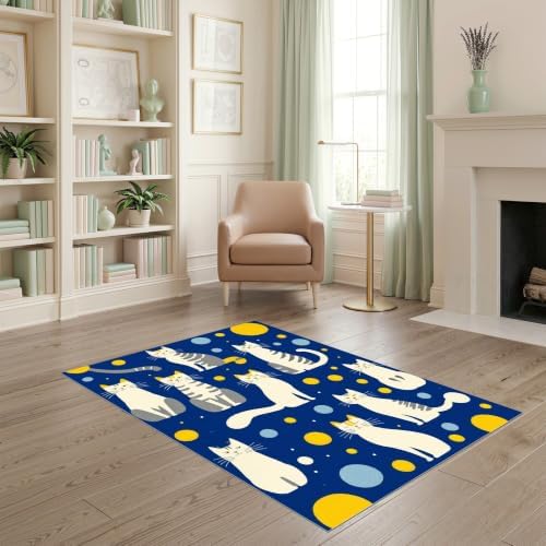 4'x6' Blue Yellow Cat Symphony with Golden Ultra-Soft Area Rug