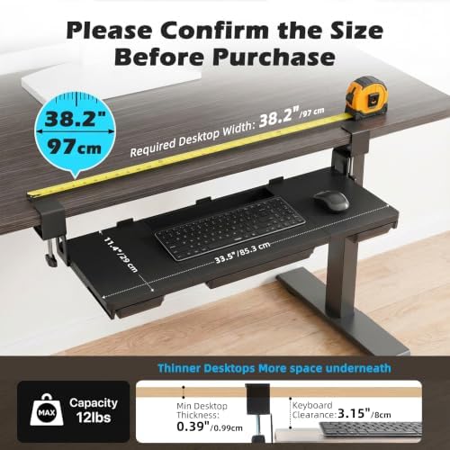 Large Keyboard Tray Under Desk 33.5x11.4“ with 3 Drawer(Black)