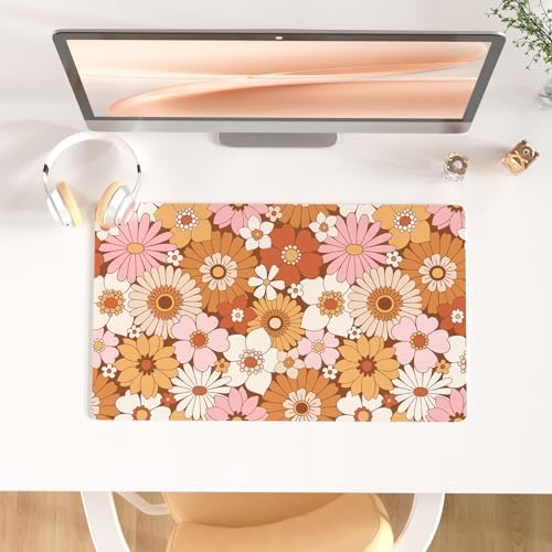 Faux Leather Large Mouse Pad, Office Desk Mat, 23.6"x13.8", Retro Flowers