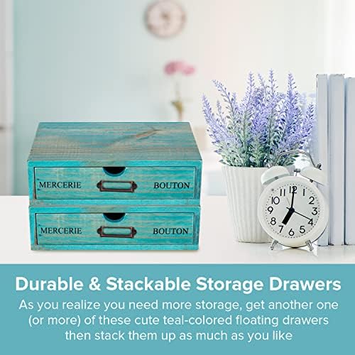 Turquoise Single Drawer Unit - European Country Style Desk Organizer Box - 9.7x7x2.6 Teal Wooden Stackable Drawer - Countertop Organizer Drawer w/Label Holder - Single Monitor Shelf