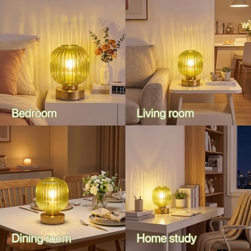 Elenhome Green Touch Glass Table Lamp, 3-Way Dimmable Bedside Lamp, Vintage Mid-Century Modern Small Nightstand Lamp for Bedroom and Living Room, Ambient Mood Lighting, LED Bulb Included