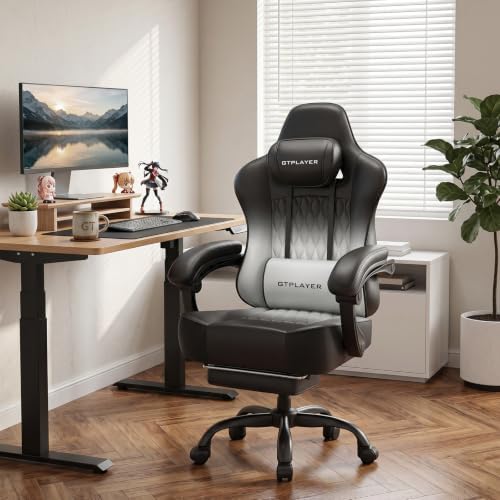 GTPLAYER Big and Tall Gaming Chair with Footrest, Ergonomic Office Desk Chair with 4.4in Thick Cushion and Wide Wingless Seat, Comfortable Leather Computer Chair, Predator Series, Gray Gradient