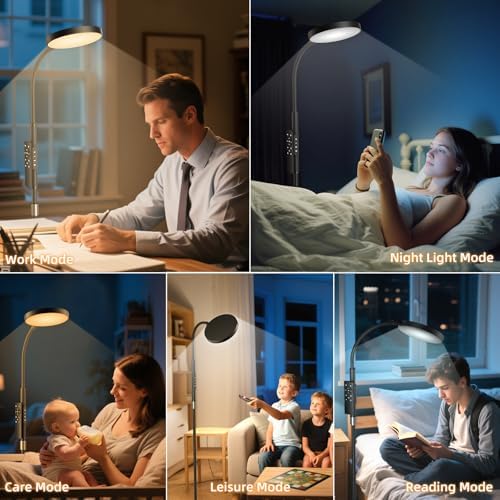 PACOVY Floor Lamp, Adjustable Height Floor Lamps for Living Room Bedroom, 120 LED Super Bright Standing Lamp Remote & Touch Control Dimmable Gooseneck Tall Stand Reading Lamp for Office Craft, Black