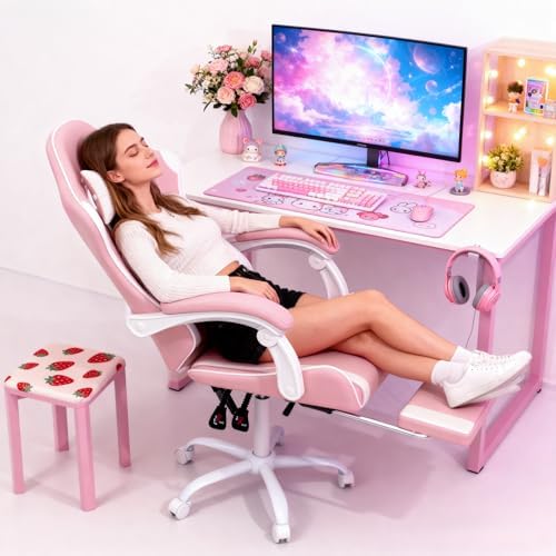 MoNiBloom Gaming Chair, Footrest & Lumbar Support, Height Adjust, Pink