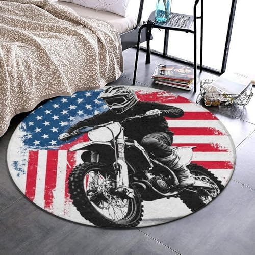 Women's Large Home Decor Mat, Soft Round Yoga Carpet, Non Slip Machine Washable Home Office Circle Rug American Flag Dirt Bike Motocross