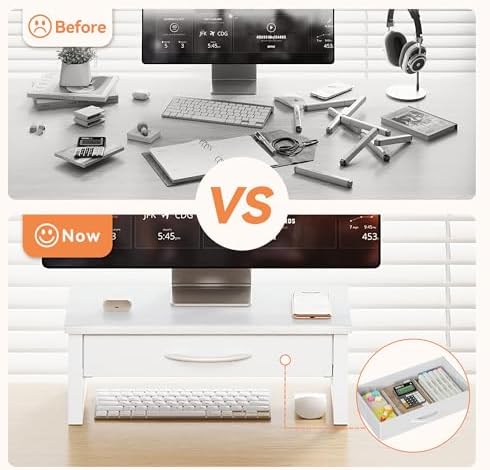 Desk Organizers and Accessories, Computer Monitor Stand Riser with Drawer, White Laptop Stand for Desk with Storage, Office Organization, Wood