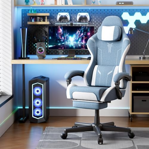 Ferghana Fabric Ergonomic Gaming Chair, High Back Computer Video Game Chair with Footrest, Linkage Armrest & Massage Lumbar Support for Adult, Blue/White