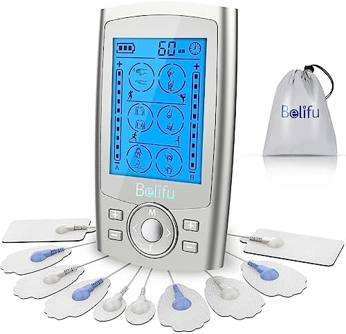 Belifu Dual Channel TENS EMS Unit 24 Modes Muscle Stimulator for Pain Relief Therapy, Electronic Pulse Massager Muscle Massager with 10 Pads, Dust-Proof Drawstring Storage Bag, Fastening Cable Ties