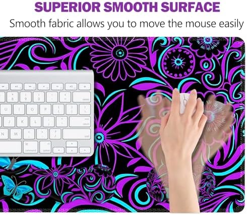 ARTSO Purple Desk Mat, Large Gaming Mouse Pad with Wrist Rest, Flower Butterfly XXL Mousepad+Keyboard Wrist Rest+Mouse Pad Wrist Support+Coaster Set for Home Office Accessories