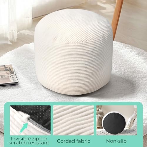 Dual-Size Corduroy Ottoman with Hidden Zipper – Ergonomic Memory Foam Footrest Poufs for Office Desks, Couches & Delicate Floors,Off-White 26"x 18"
