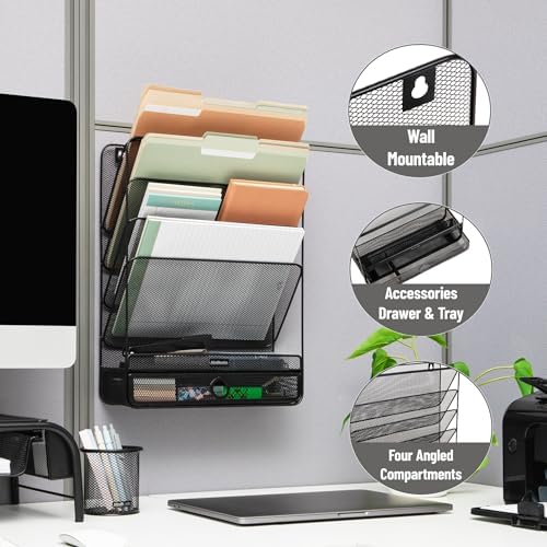 Mind Reader 4-Tier Vertical File Storage, Desktop Organizer, Wall Mount, Office, Metal Mesh, 12.5"L x 4"W x 16.5"H, Black