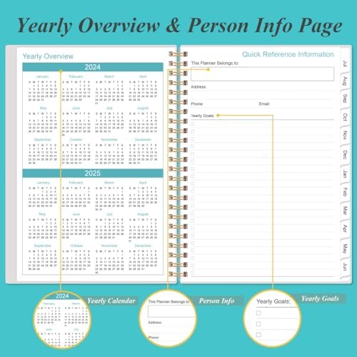 2024-2025 Planner - Weekly Monthly Planner Spiral Bound from July 2024 to June 2025 with 12 Monthly Tabs, Inner Pocket, Elastic Closure, Pink Flowers