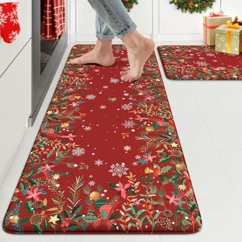 KIMODE Christmas Decor Kitchen Mats for Floor Anti Fatigue, Boho Vintage Kitchen Rugs Sets of 2, Cushioned Kitchen Floor Mats, Comfort Standing Mat for Sink Laundry Office Desk 17"x47"+17"x29" Red