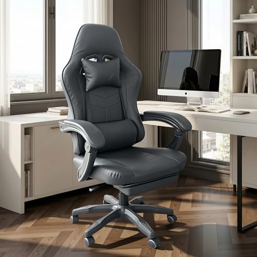 J.M.-Deco Black Gaming and Office Chair-Big and Tall Ergonomic Comfy Desk Chair with Lumbar Support and Foot Rest