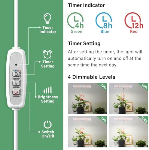 LORDEM Grow Light, Full Spectrum LED Plant Light for Indoor Plants, Height Adjustable Growing Lamp with Auto On/Off Timer 4H/8H/12H, 4 Dimmable Brightness, Ideal for Home Desk Plant Lighting
