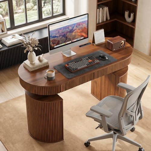 ORRD Electric Standing Desk with Storage and USB & Type-C Charging Ports, Adjustable Height Stand Up Desk, Mid Century Modern Fluted Workstation Desk for Home Office (Walnut)