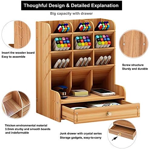 Marbrasse Wooden Desk Organizer, Multi-Functional DIY Pen Holder, Organizer for desk, Desktop Stationary, Easy Assembly, Home Office Art Supplies Storage with Drawer (B11-Cherry Color)