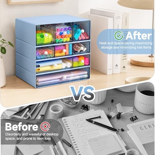 Desk Organizer with 9 Drawers, 4 Tiers Stackable Storage Drawers, Desktop Storage Box with Clear Drawers for Stationery, Makeup, Jewelry, Office and Craft Supplies (Blue)