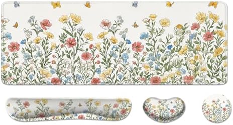 Desk Pad and Keyboard Wrist Rest, Large Mouse Pad + Keyboard Pad+Mouse Wrist Support, Non-Slip Desk Mat Protector for Office, Home 31.5×11.8 Inches Spring Floral