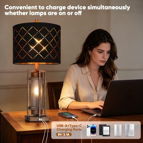 WIHTU Vintage Finish Table Lamp Set of 2 with USB Ports, Metal Desk Lamps