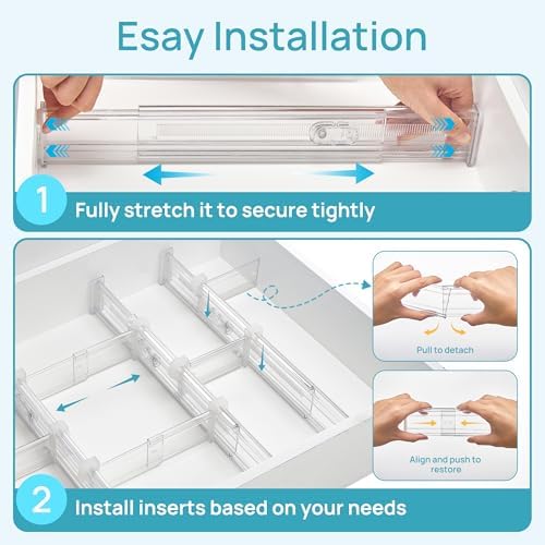 Vtopmart 2.36” Drawer Dividers with Expandable Inserts, 12.8"-22.3" Adjustable Kitchen Drawer Organizer, Clear Plastic Organizer Separator for Flatware, Utensil, Cutlery, 4 Dividers with 6 Inserts