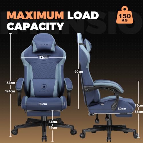 GTPLAYER Gaming Chair with Footrest, Ergonomic Office Chair 400lbs Heavy Duty, Big and Tall Computer Desk Chair with Lumbar Support and Headrest, Breathable Tech Fabric, 90-155° Recline Blue