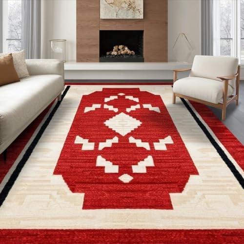 6'x9' Red Ivory Cat Crimson Boho Geometric Ultra-Soft Area Rug
