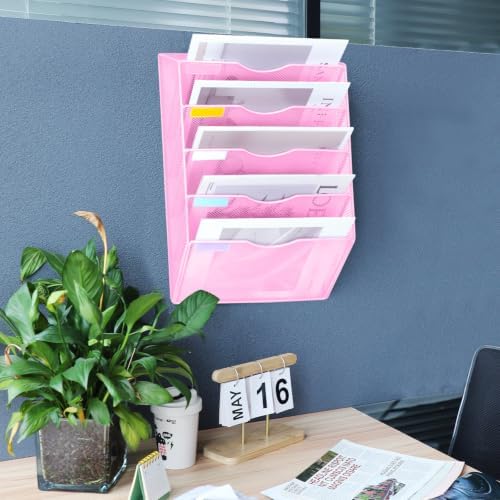 5 Pockets Mesh Wall File Holder Organizer Office Hanging File Folder Magazine Rack, Nametag Label Hooks Set Included (Pink)
