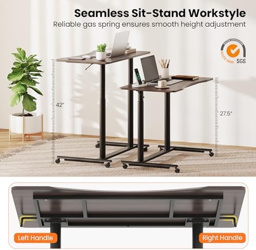 Tangkula Mobile Standing Desk, C-Shaped Sit Stand Desk with Adjustable Height, Lockable Wheels & Metal Frame, Rolling Laptop Desk, Portable Computer Workstation for Small Space