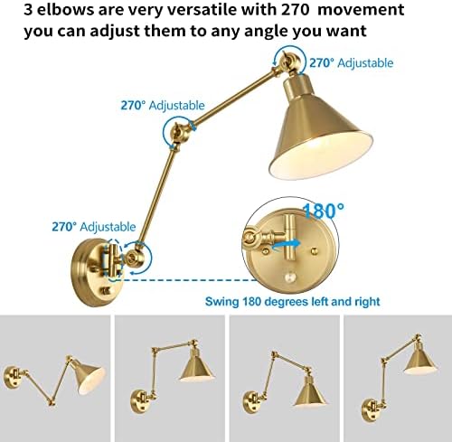 TRLIFE Wall Sconce Plug in, Brushed Brass Dimmable Wall Sconce Swing Arm Wall Lights Plug in Wall Mounted Light with 6FT Plug in Cord, E26 Base, UL Listed(1 Pack)