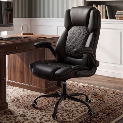 Executive Office Chair, Ergonomic Heavy Duty Desk Chair with Flip‑Up Armrests, 400 LBS High Back Comfy Computer Gaming Chairs for Home Office, Breathable PU Leather (Black)