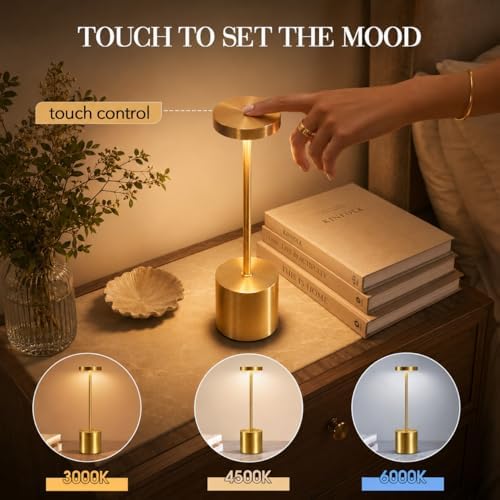 AUDLES Gold Cordless Table Lamps Set of 2, Brass Rechargeable Lamp, Battery Operated Lamps for Wedding Centerpiece & Holiday Tablescape, Touch Dimmable Glam Bedroom Nightstand Lamp, IP54 Waterproof