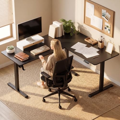 Furmax 63 x 48 Inch L Shaped Standing Desk with 2 Preset Heights, Electric Height Adjustable Computer Table, 2 Hooks & Feet Balance, Corner Sit Stand Desk for Home Office (White, 63 x 48 Inch)