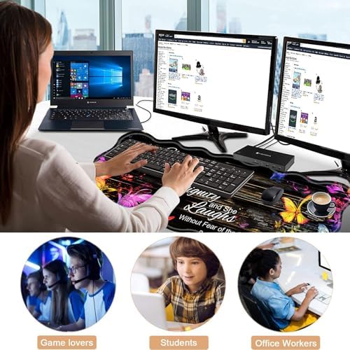Mouse Pad with Wrist Support + Desk Mat + Coaster 3 in 1 Set, XL Large Gaming Mousepad Ergonomic Mouse Pads for Desk Computer Laptop Office,Floral Butterfly Bible Verse Proverbs 31-25
