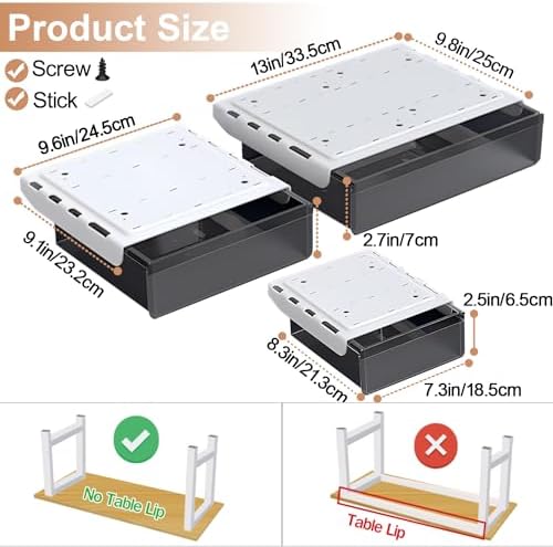 SVNNELP Under Desk Table Drawer Storage Organizer,3 Pack Large & Medium & Small Slide Out Desk Drawers - Hidden Desktop Organizer,Attachable Pencil Storage Tray Under Table(SML)