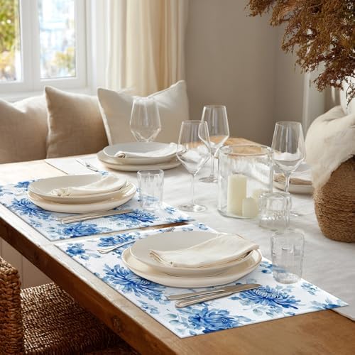 Shrahala Blue Vintage Peony Set of 6 12 X 18 Inch Linen Placemats, Midcentury Burlap Table Mat Washable Double Layered Heat Insulation for Indoor/Outdoor