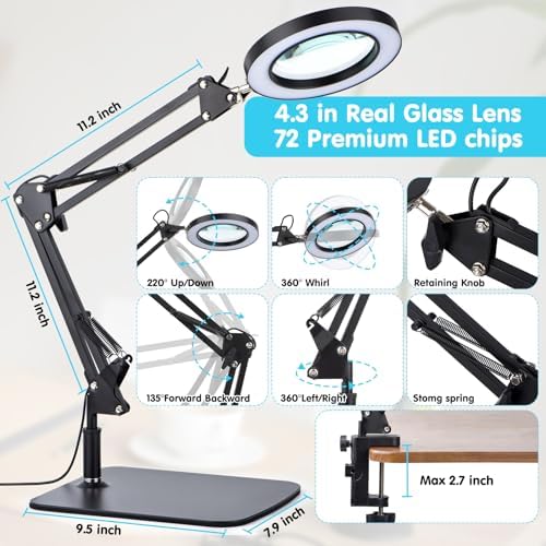 LED Magnifying Desk Lamp with Stand and Clamp for Repair, Crafts, Reading