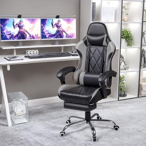 Shahoo Gaming Chair with Footrest and Massage Lumbar Support, Ergonomic Office Computer Seat Height Adjustable with Headrest, Grey