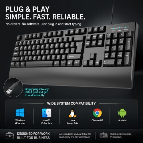 Wired Office Keyboard, Full Size 104 Key USB Computer Keyboard