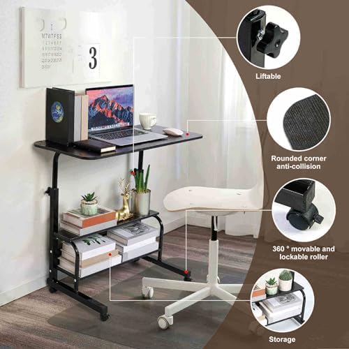 Adjustable Height Mobile Computer Desk with Wheels Black 31.5x15.7 Inch