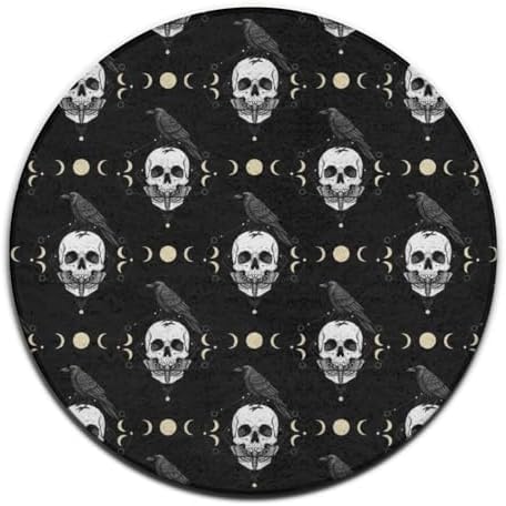 Women's Large Home Decor Mat, Soft Round Yoga Carpet, Non Slip Machine Washable Home Office Circle Rug Black Raven Moon Skull, 60inch
