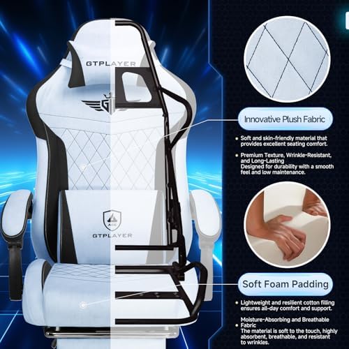 GTPLAYER Gaming Chair Fabric with Pocket Spring Cushion, High Back Ergonomic Computer Chair with Footrest for Adults Lumbar Support Swivel Game Chair for Office Gaming 350LBS, Light Blue