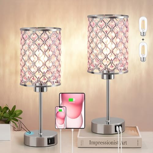 GyroVu Pink Crystal Bedside Table Lamps Set of 2 with USB C+A Ports