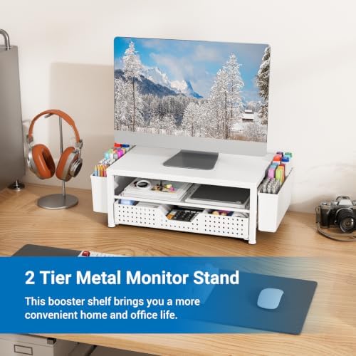 Wood Metal Monitor Stand Riser, Laptop Stand for Desk, Office Desk Organizer and Accessories, Computer Desktop Shelf with Drawer and Pen Holder, Printer Stand for Home, Office, Dorm (White Wood)
