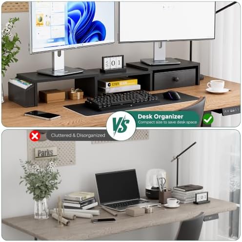 Dual Monitor Stand Riser, Adjustable Length & Swivel Angle Monitor Stand, Ergonomic Monitor Stand with Drawer & Side Pockets, Desktop Organizer and Office Desk Accessories, Black
