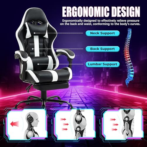 Massage Gaming Chair with Footrest & Lumbar Support, White
