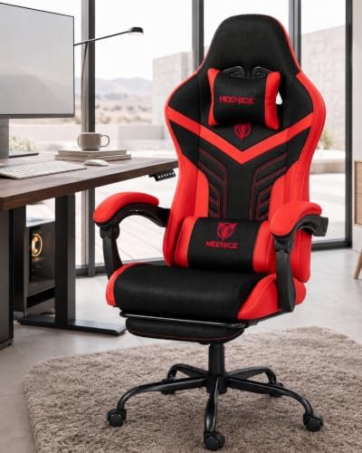 Ergonomic Gaming Chair with Footrest for Adults, Leather Mesh Red