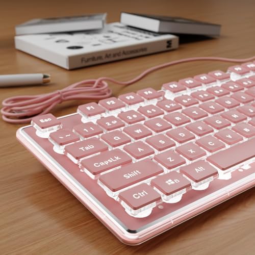 Wired Keyboard with White Backlight Pudding Keycaps, Full Size, Pink