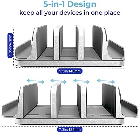 Adjustable Laptop Stand, 5 Slots, Aluminum Space-Saving, for Apple MacBook/Surface/Galaxy/Tablet/iPad/iPhone, Silver